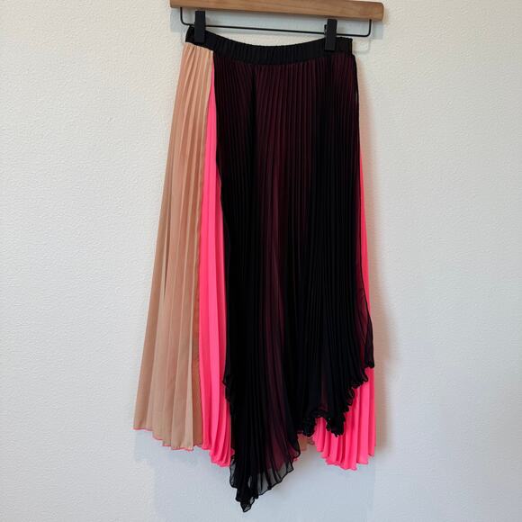 Loyd/Ford Pink Pleated Satin Sheer Black Overlay Midi Colorblock Skirt- Small - Picture 1 of 8